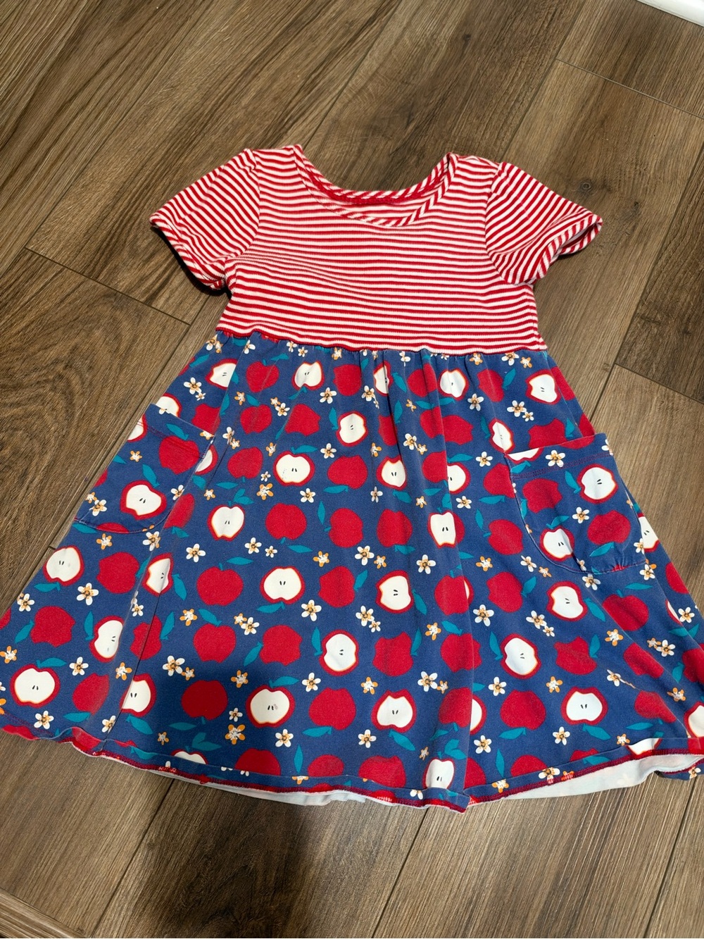 Cynthia Rowley Red Striped Top with Blue Apple Print Skirt Dress